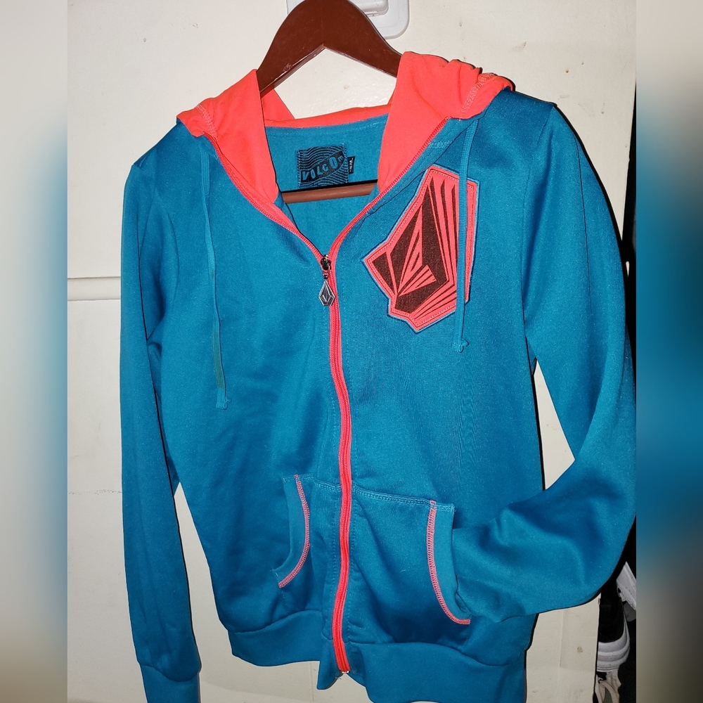 Volcom Girls Hoodie Jacket Blue and Pink Casual Skater & Surf Wear Sz Lg Juniors